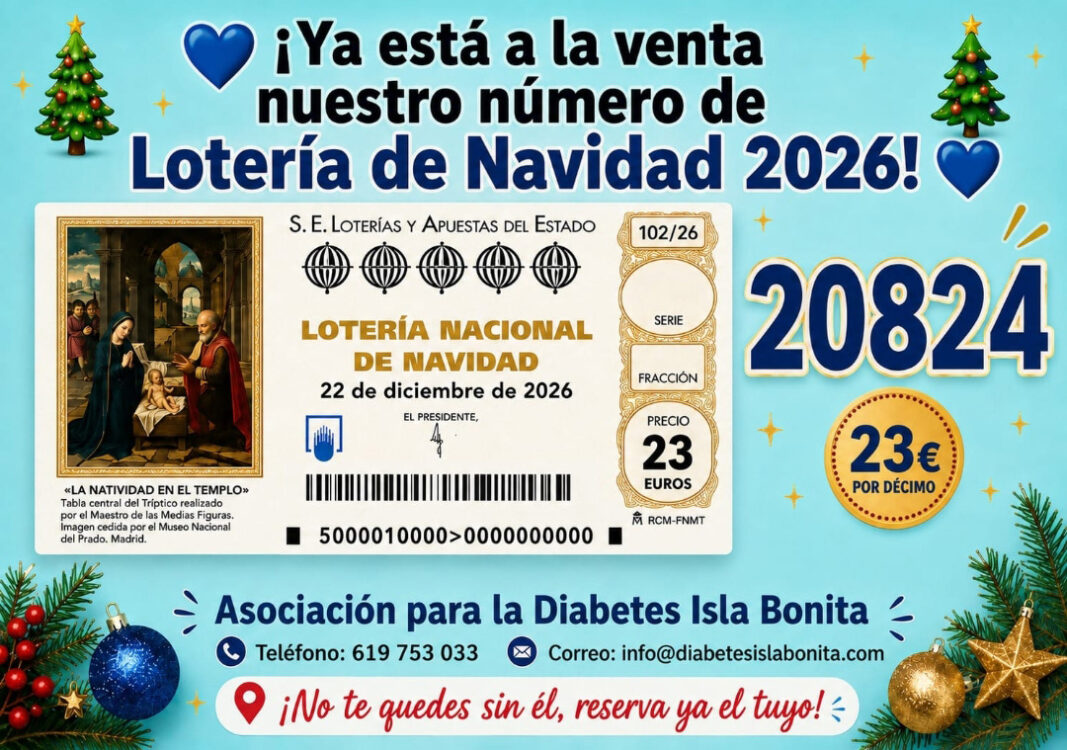 Lotería de Navidad 2026 de la Asociación Diabetes Isla Bonita ADIB número 20824 en La Palma
